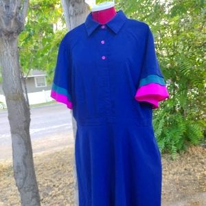 Eloquii navy blue shirt dress with accents of purple and teal